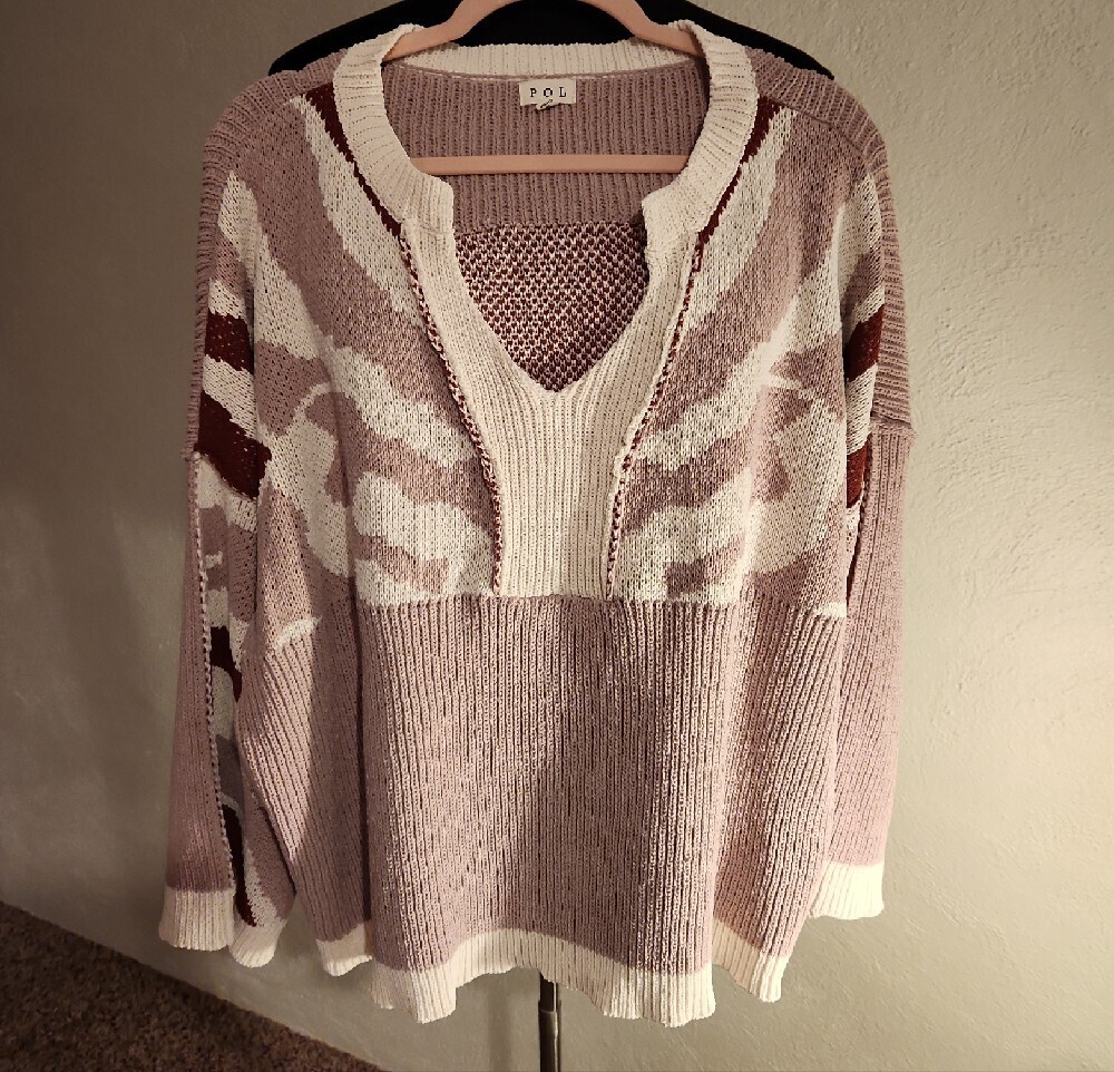 POL Light Mauve Cream V-Neck Patterned Sweater Women's Size Small - Picture 4 of 8